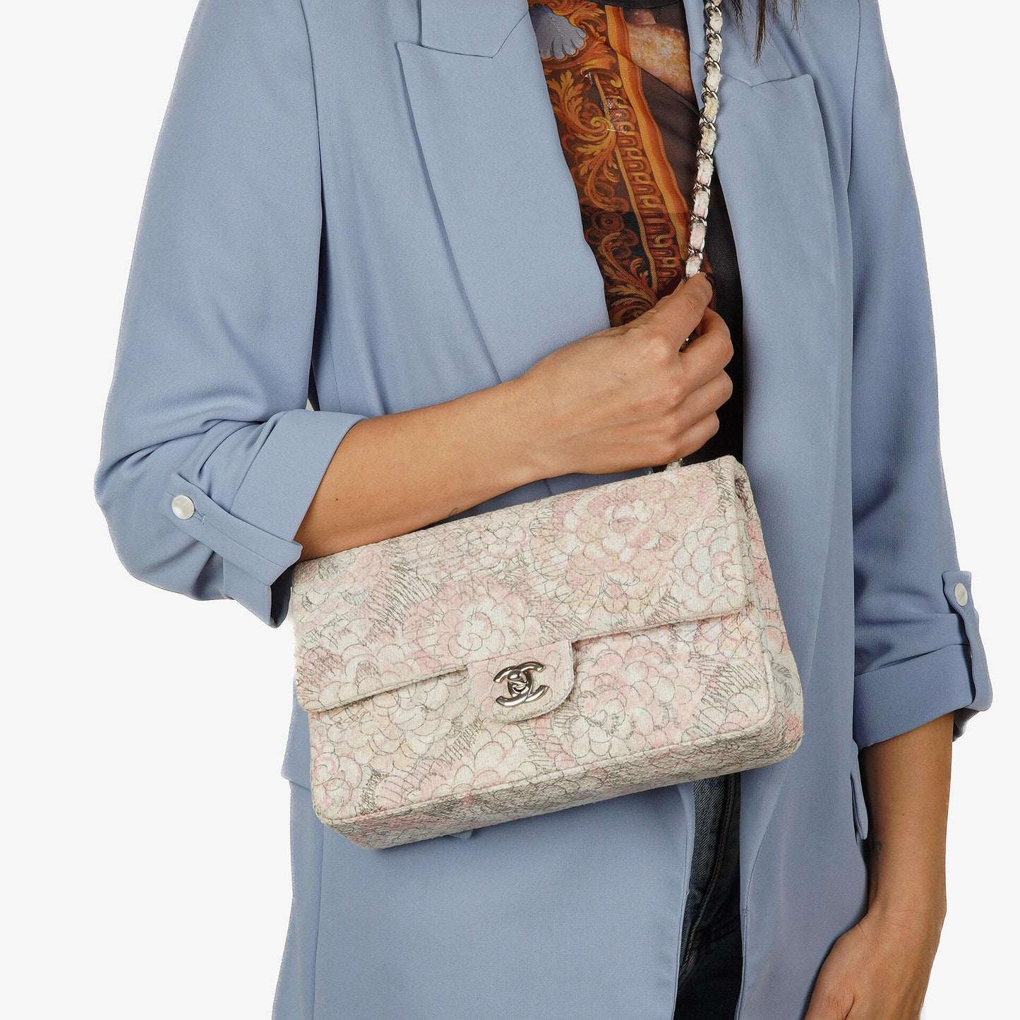 Chanel Camellia Limited Edition Print Tweed Mittelgroße Double Flap Tasche Silberfarbene Beschläge