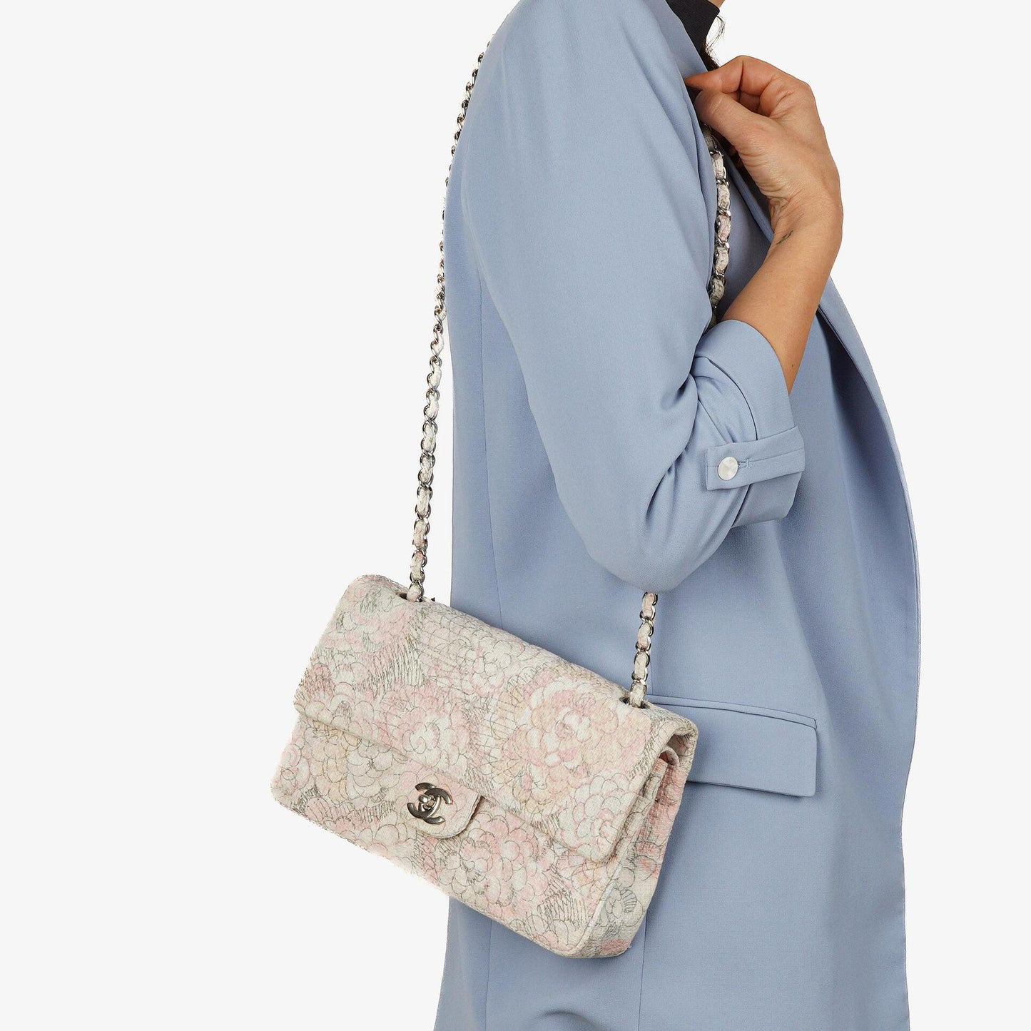 Chanel Camellia Limited Edition Print Tweed Mittelgroße Double Flap Tasche Silberfarbene Beschläge