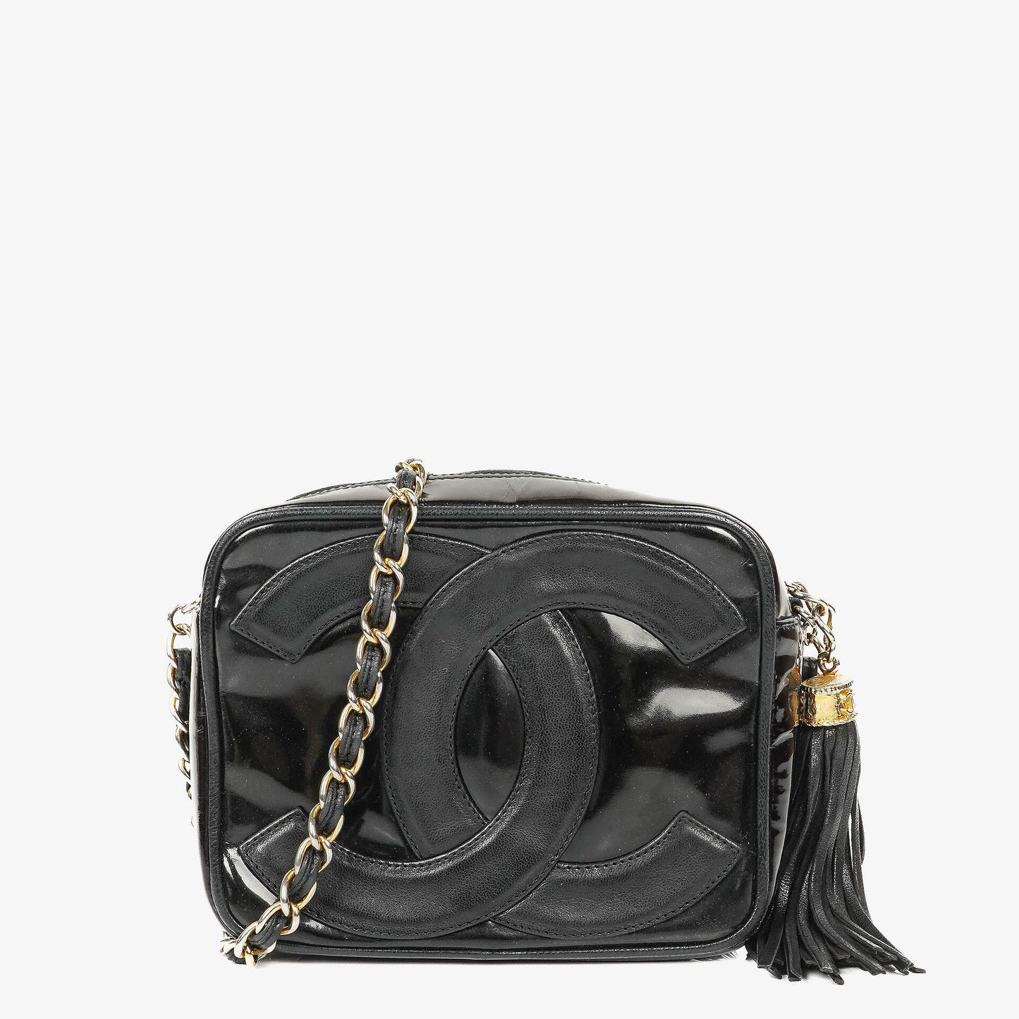 Chanel Camera CC kleine Schultertasche aus schwarzem Lackleder mit Quaste