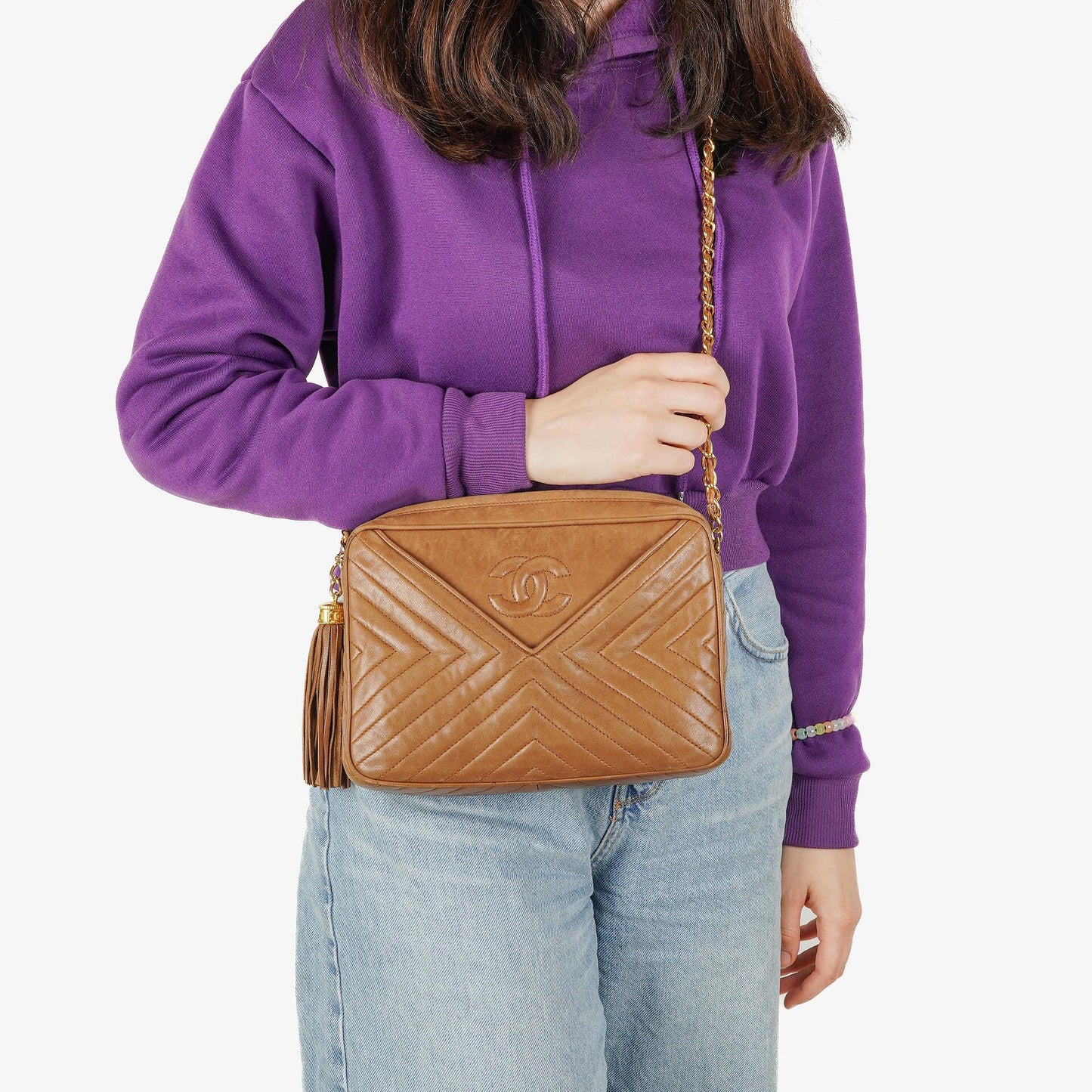 Chanel Camera Umhängetasche aus braunem Leder mit Quaste