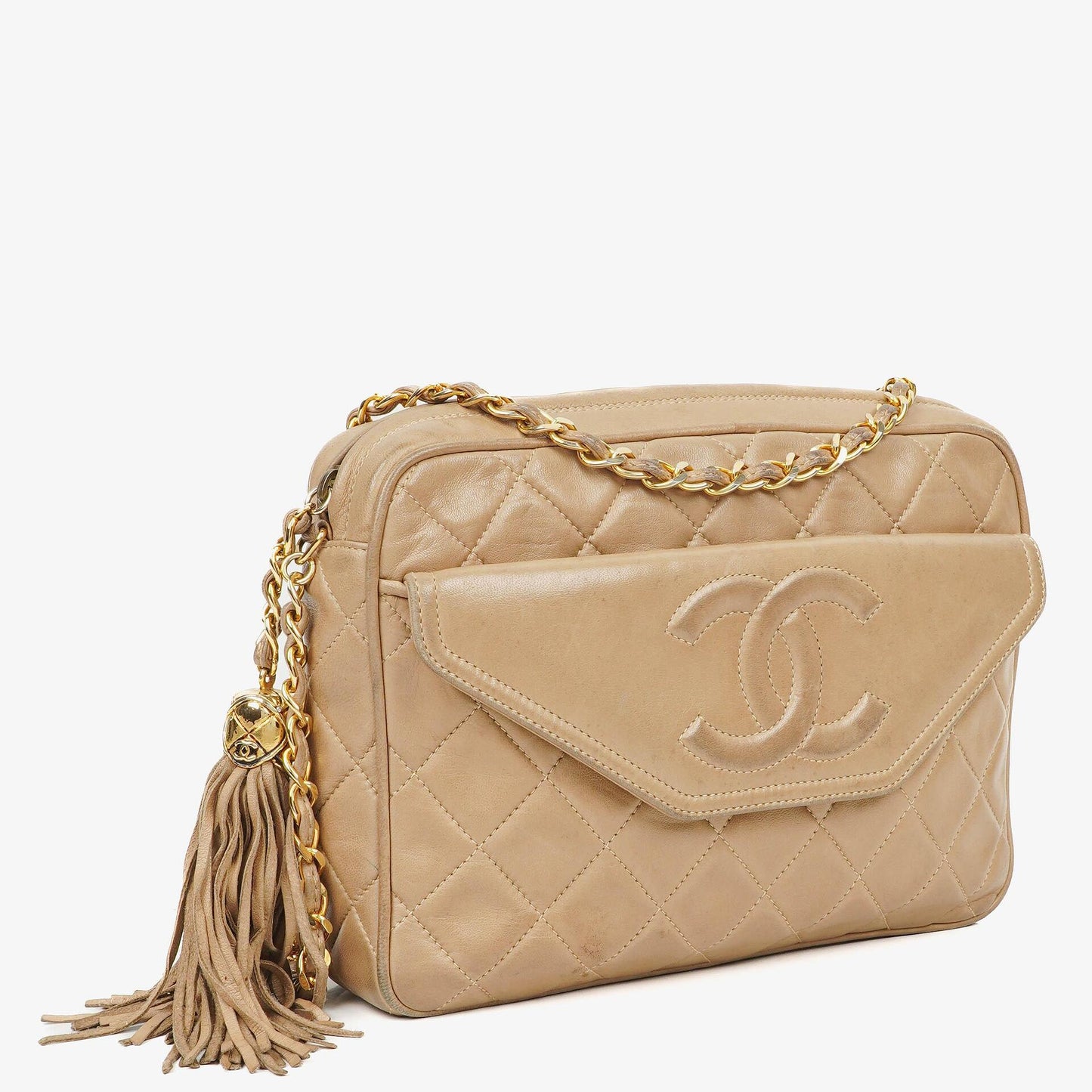 Chanel Camera Tasche aus beigem gestepptem Lammleder mit Quaste und CC
