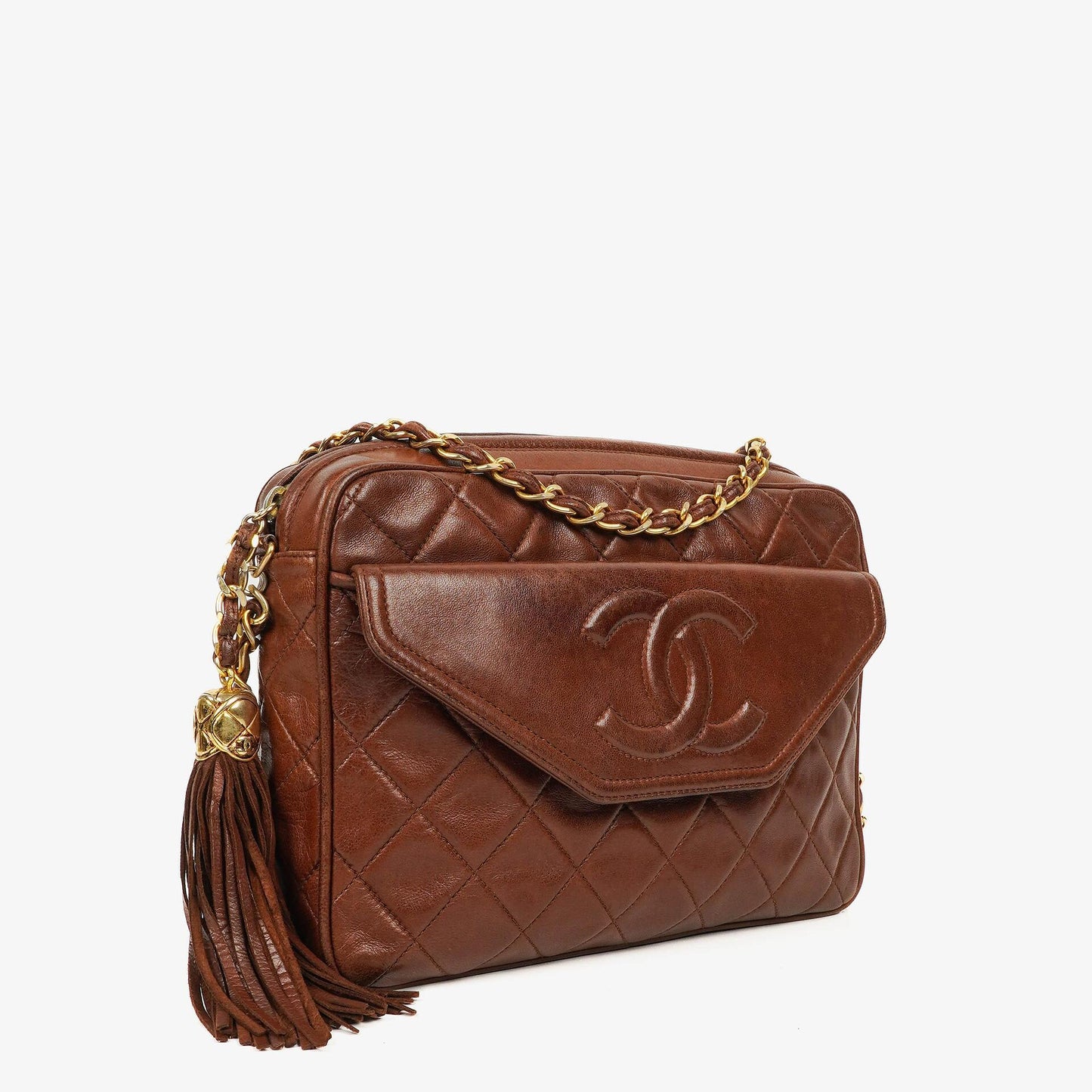 Chanel CC Camera Tassel Bag aus braunem gestepptem Lammleder