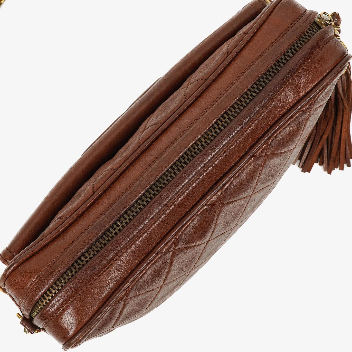 Chanel CC Camera Tassel Bag aus braunem gestepptem Lammleder