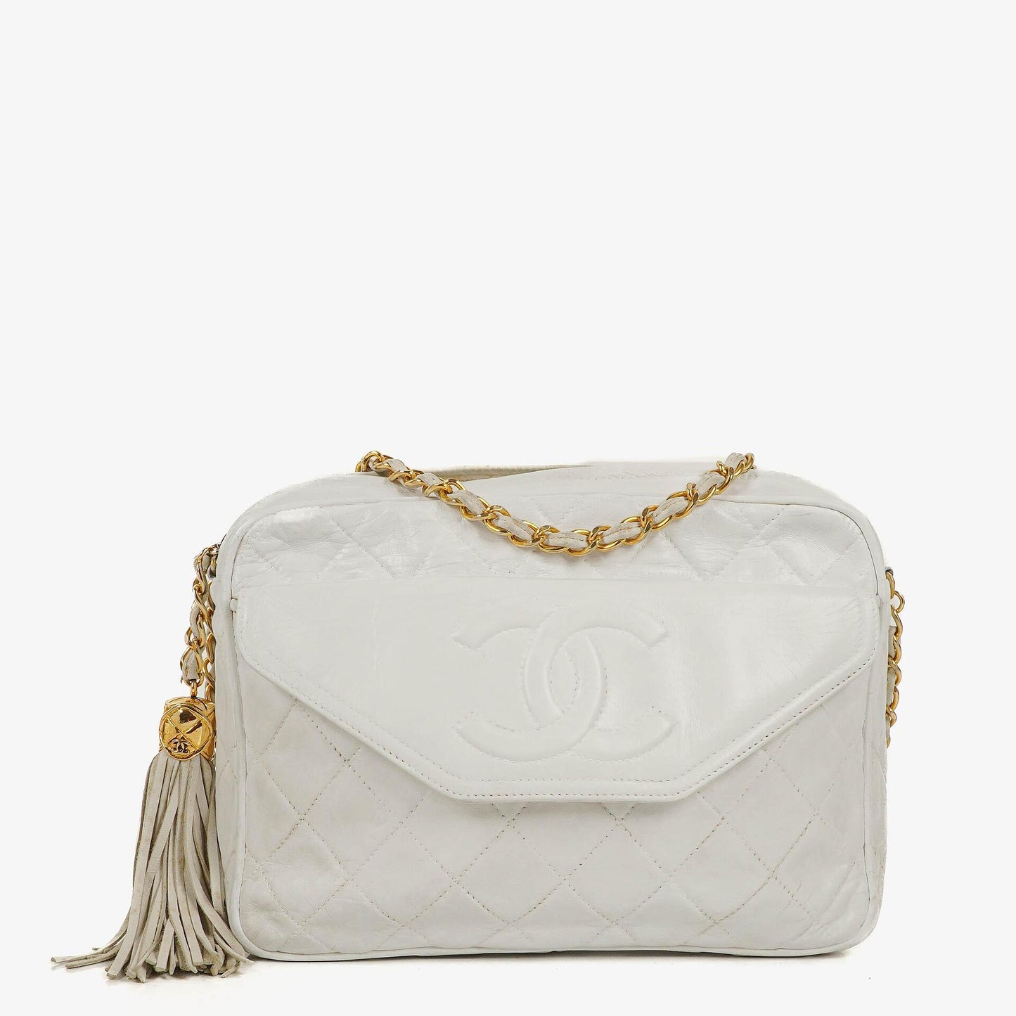 Chanel Camera Tasche aus weißem gestepptem Lammleder mit CC und Quaste