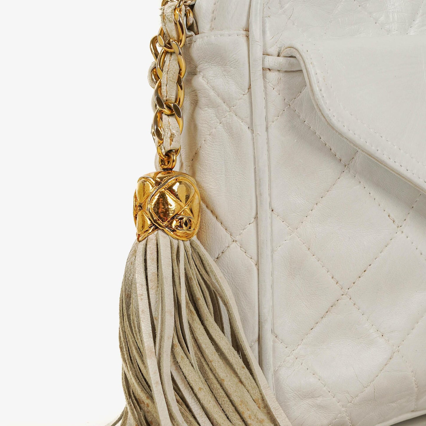 Chanel Camera Tasche aus weißem gestepptem Lammleder mit CC und Quaste