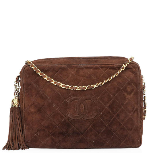 Chanel Camera Tassel Vintage Tasche aus braunem gestepptem Wildleder