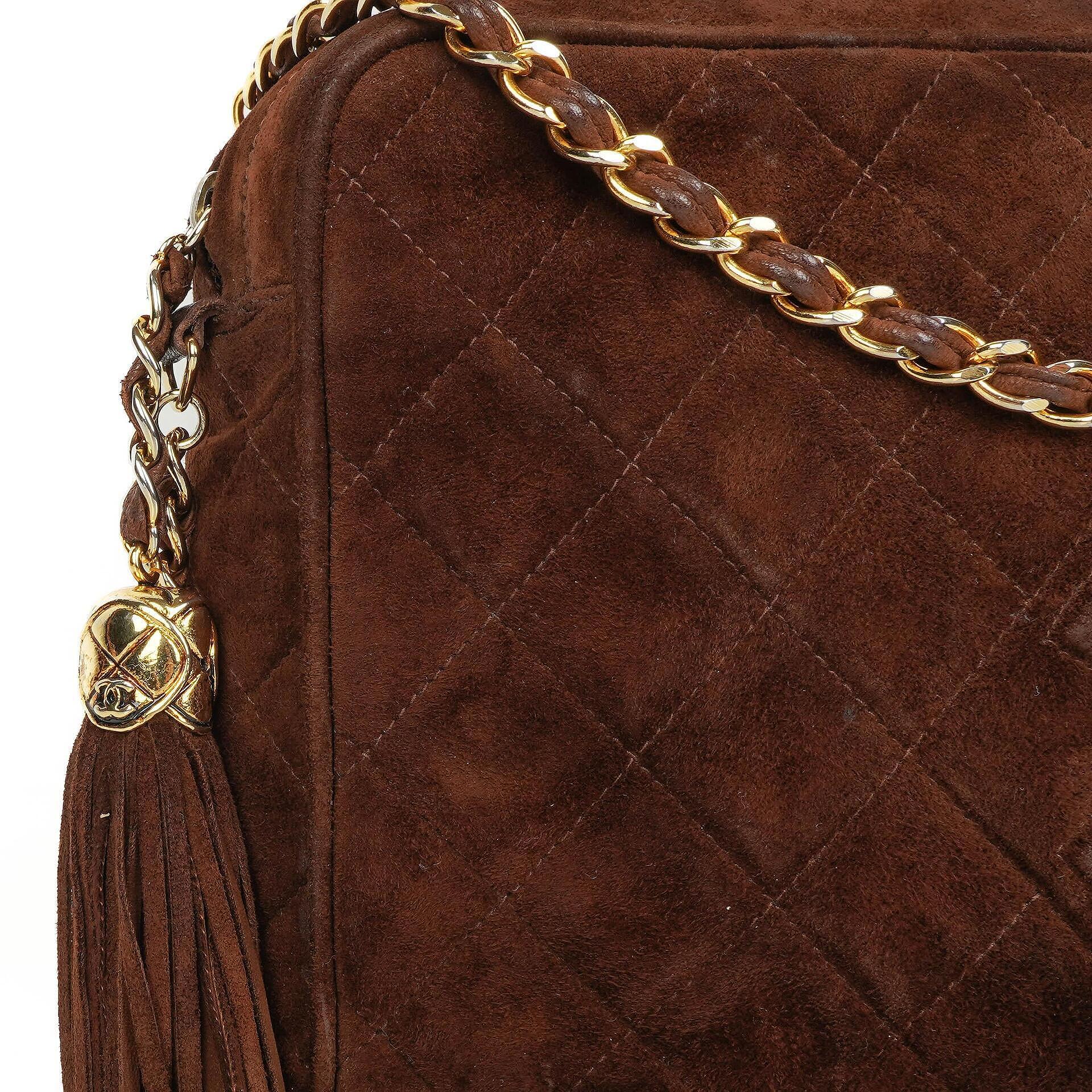 Chanel Camera Tassel Vintage Tasche aus braunem gestepptem Wildleder