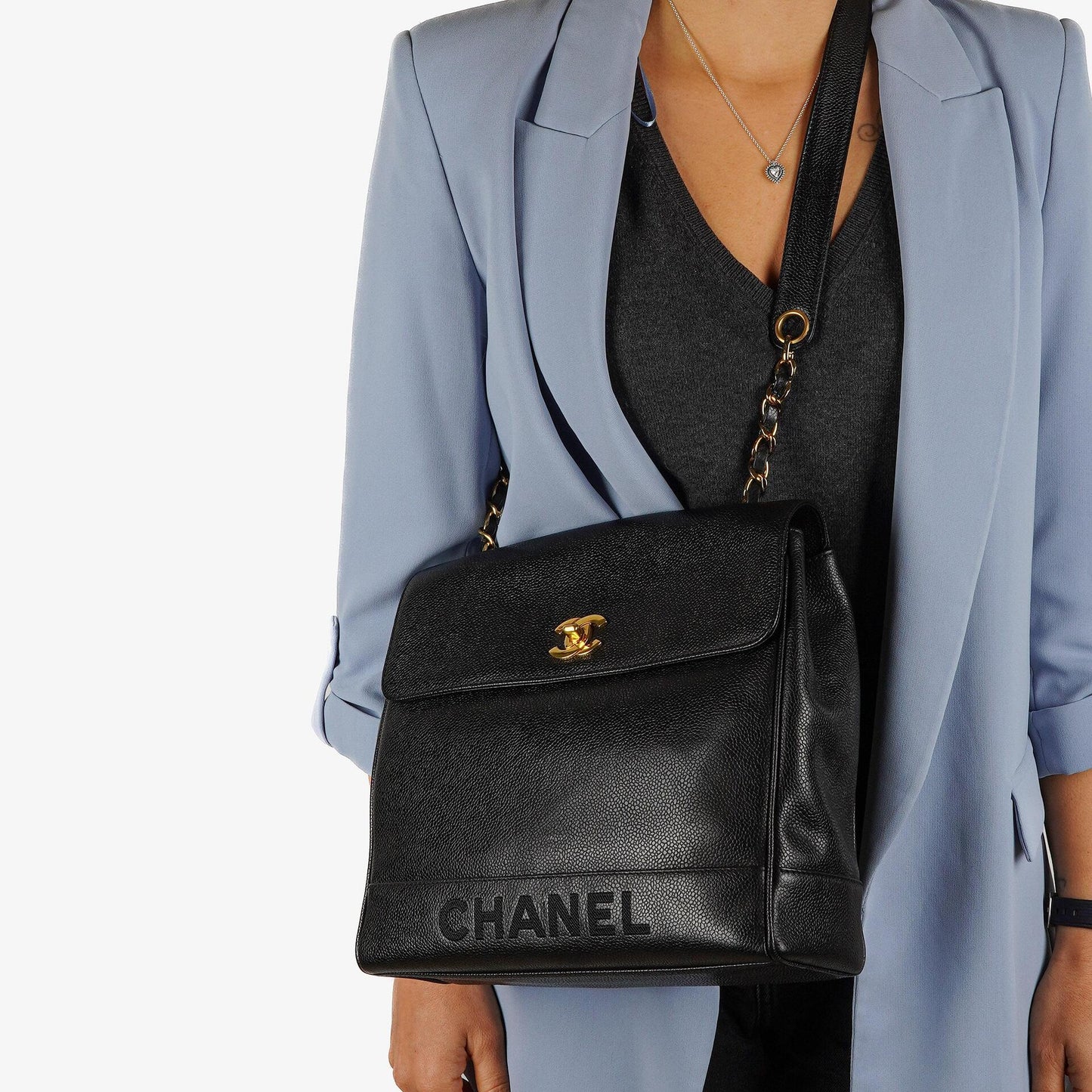 Chanel Caviar CC Klappenschultertasche, 24K Vergoldete Beschläge
