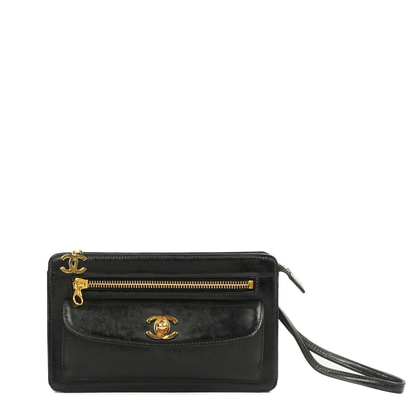 Chanel CC Schwarze Leder Clutch 24K Goldbeschläge, 1996-1997