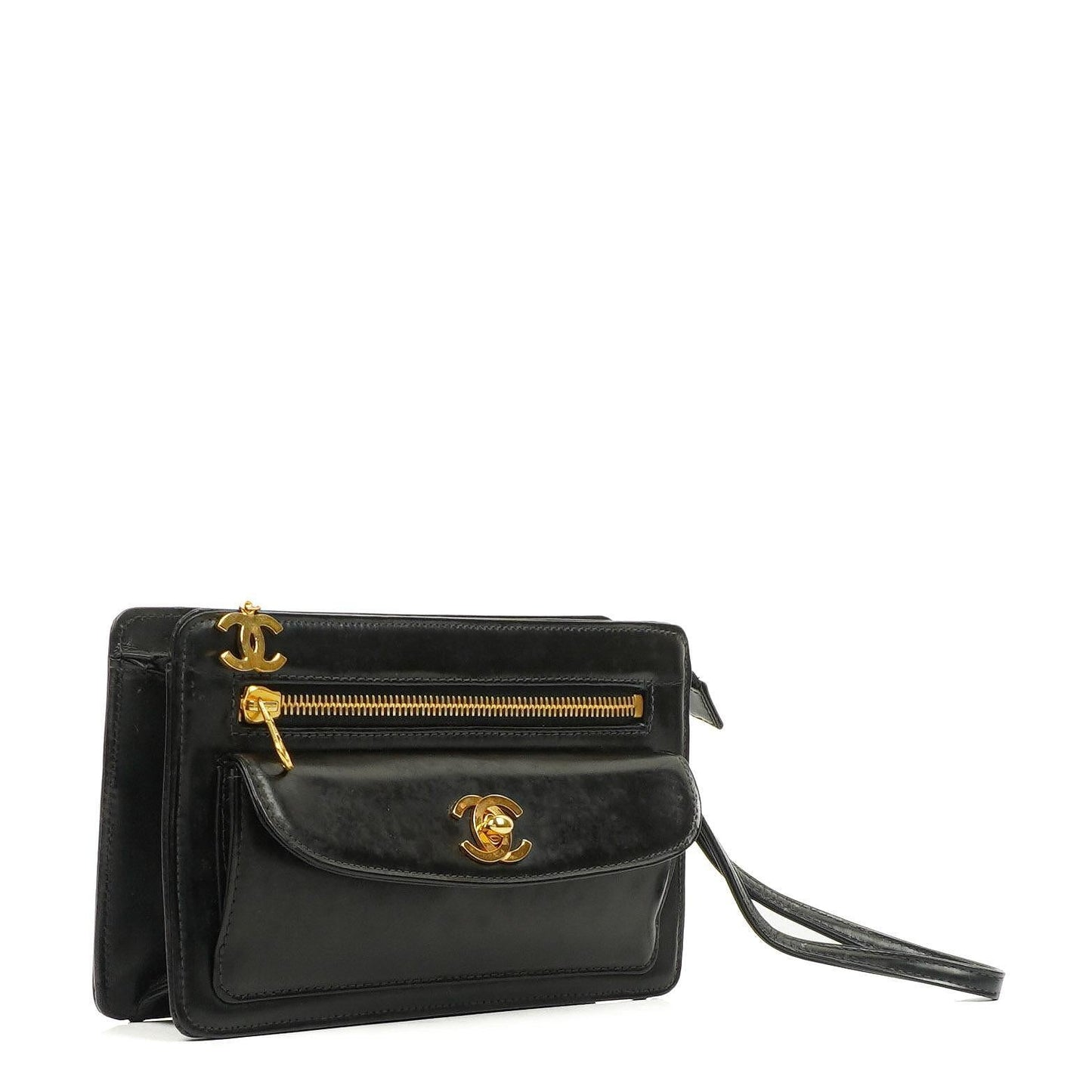 Chanel CC Schwarze Leder Clutch 24K Goldbeschläge, 1996-1997