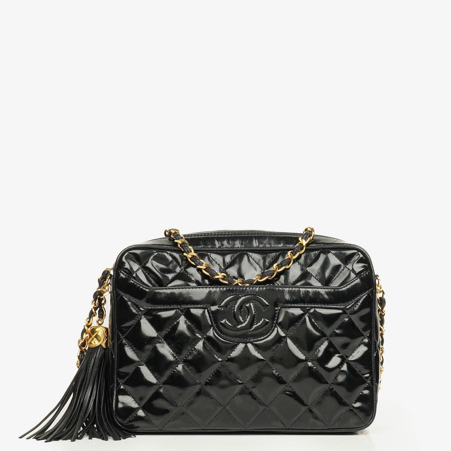 Chanel CC Camera Tassel Tasche aus schwarzem gestepptem Lackleder