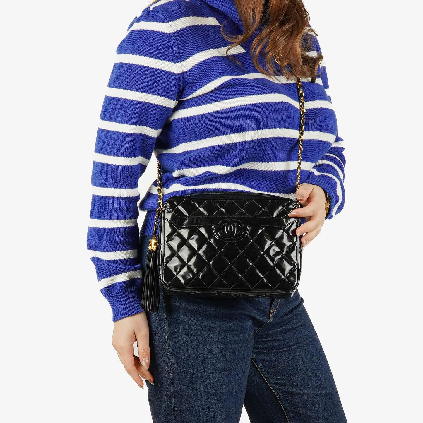 Chanel CC Camera Tassel Tasche aus schwarzem gestepptem Lackleder