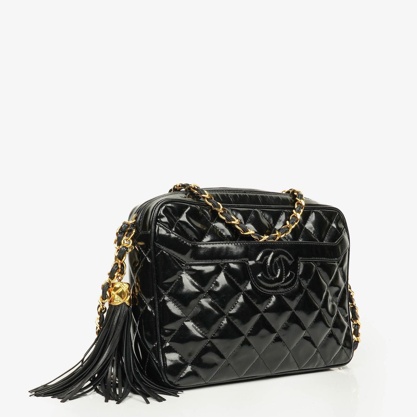 Chanel CC Camera Tassel Tasche aus schwarzem gestepptem Lackleder