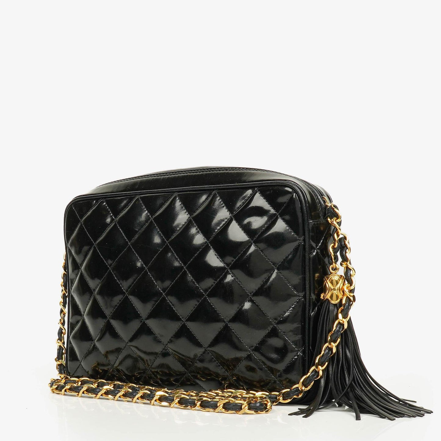 Chanel CC Camera Tassel Tasche aus schwarzem gestepptem Lackleder