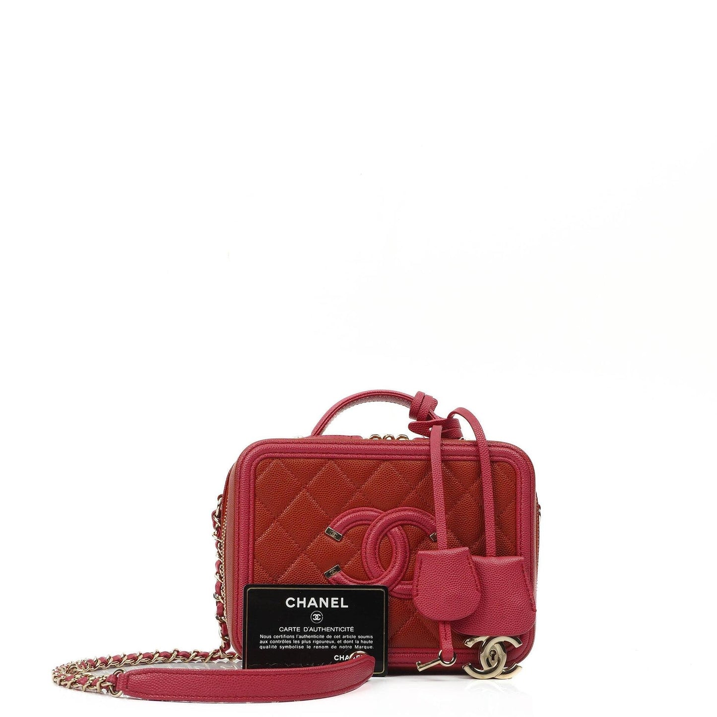 Chanel CC Filigree Small Vanity Case aus rot-rosa gestepptem Caviar-Leder mit champagnergoldfarbener Hardware