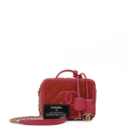 Chanel CC Filigree Small Vanity Case aus rot-rosa gestepptem Caviar-Leder mit champagnergoldfarbener Hardware