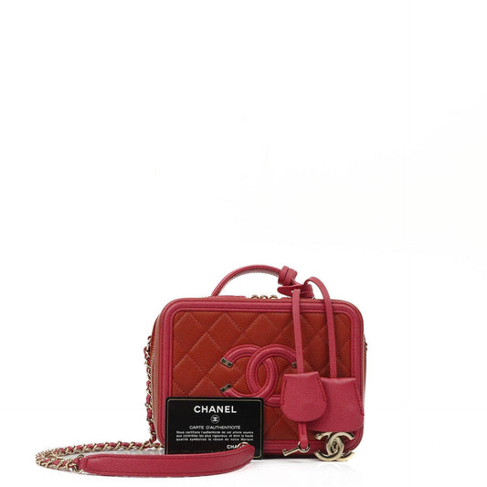 Chanel CC Filigree Small Vanity Case aus rot-rosa gestepptem Caviar-Leder mit champagnergoldfarbener Hardware