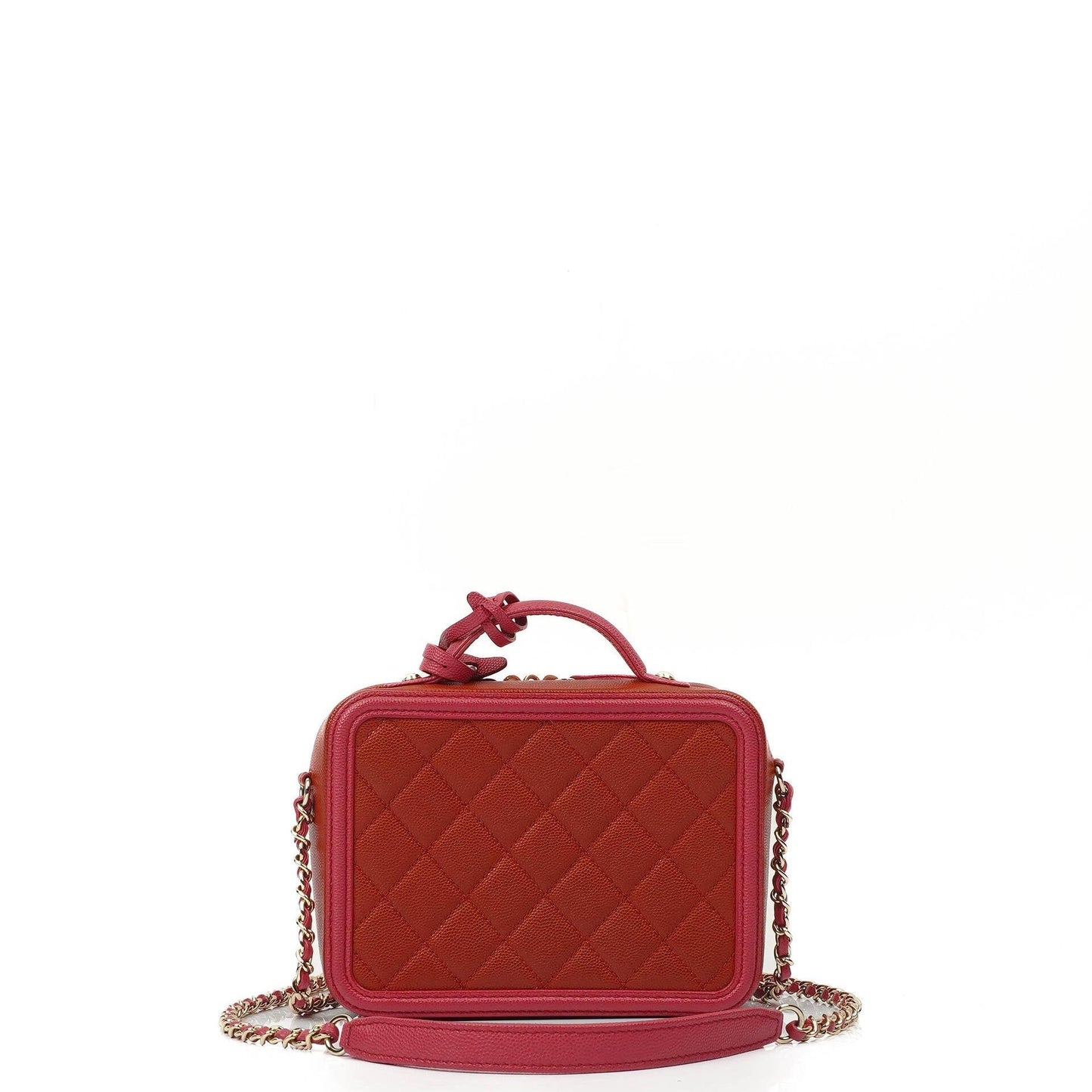 Chanel CC Filigree Small Vanity Case aus rot-rosa gestepptem Caviar-Leder mit champagnergoldfarbener Hardware