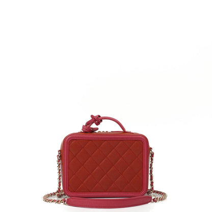 Chanel CC Filigree Small Vanity Case aus rot-rosa gestepptem Caviar-Leder mit champagnergoldfarbener Hardware