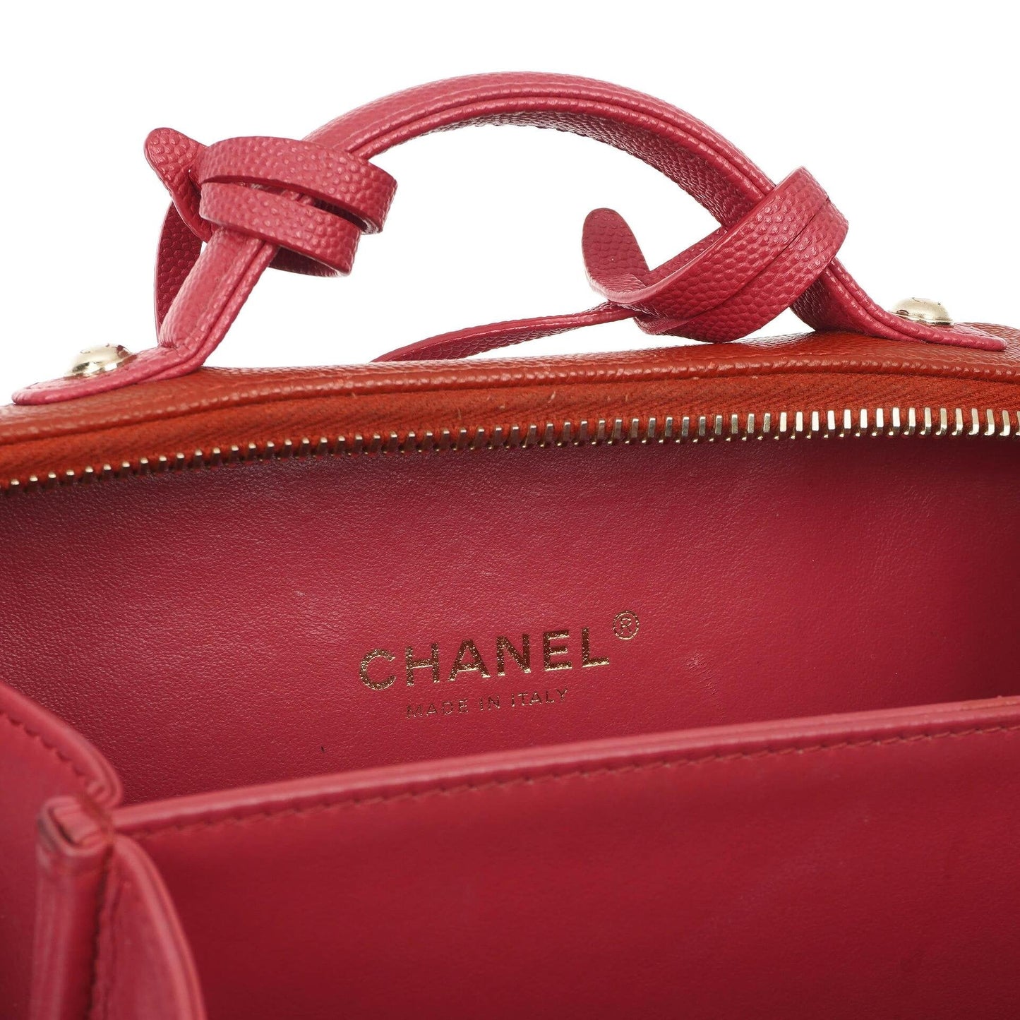 Chanel CC Filigree Small Vanity Case aus rot-rosa gestepptem Caviar-Leder mit champagnergoldfarbener Hardware