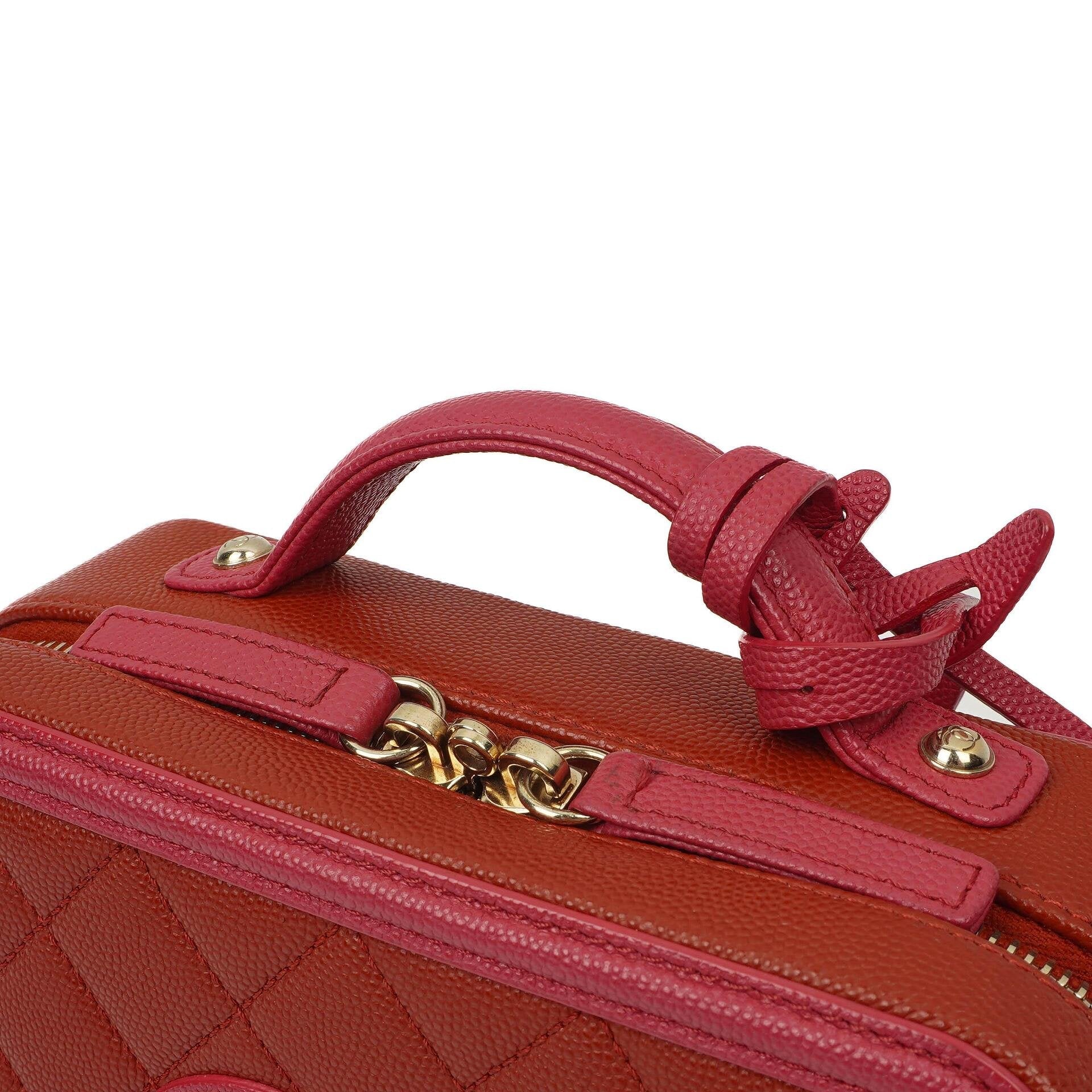 Chanel CC Filigree Small Vanity Case aus rot-rosa gestepptem Caviar-Leder mit champagnergoldfarbener Hardware