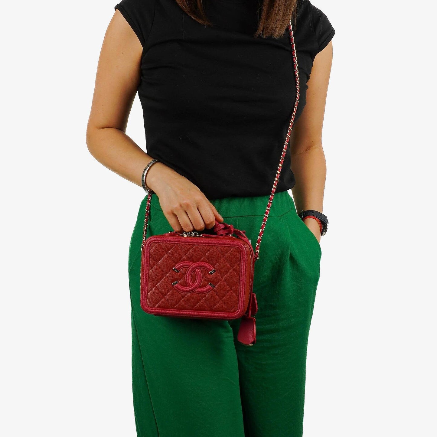 Chanel CC Filigree Small Vanity Case aus rot-rosa gestepptem Caviar-Leder mit champagnergoldfarbener Hardware