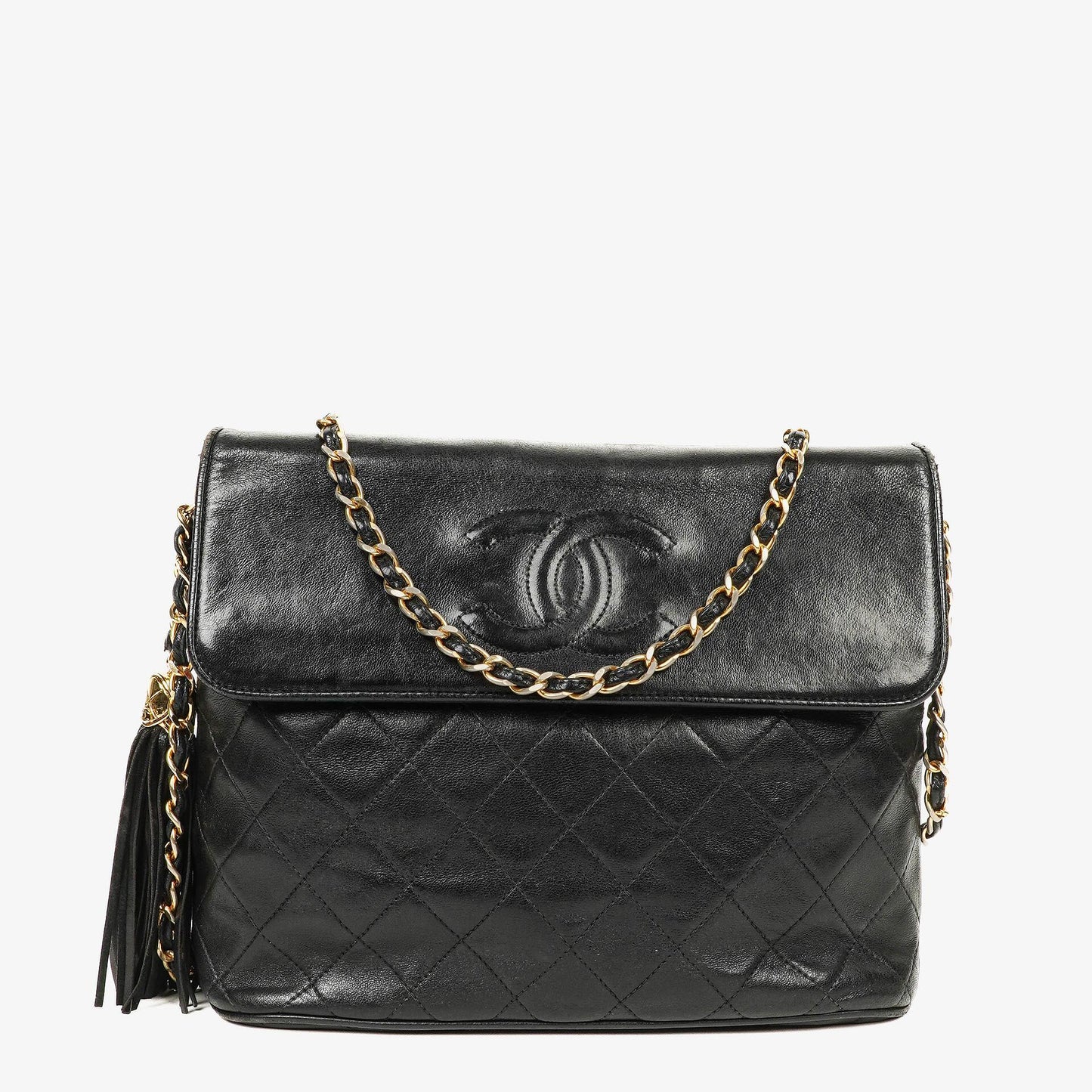 Chanel CC Schultertasche aus gestepptem schwarzem Leder mit Quaste