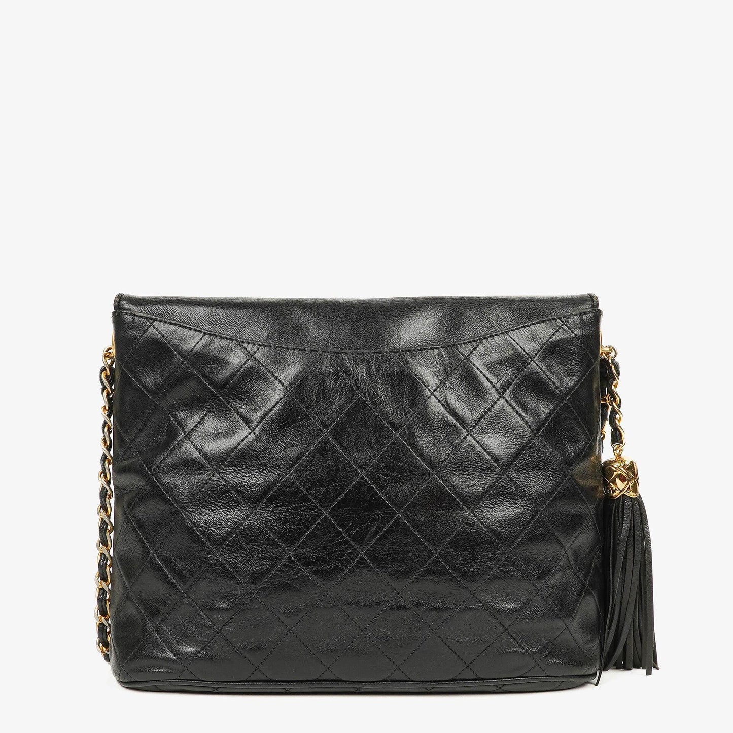 Chanel CC Schultertasche aus gestepptem schwarzem Leder mit Quaste