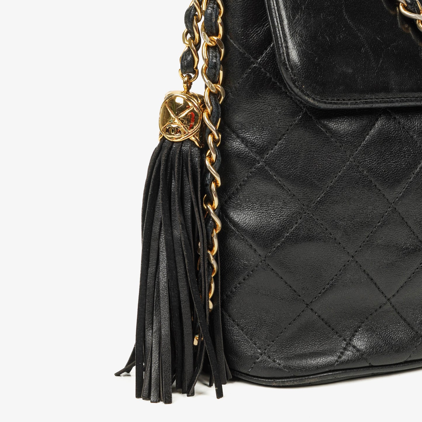 Chanel CC Schultertasche aus gestepptem schwarzem Leder mit Quaste
