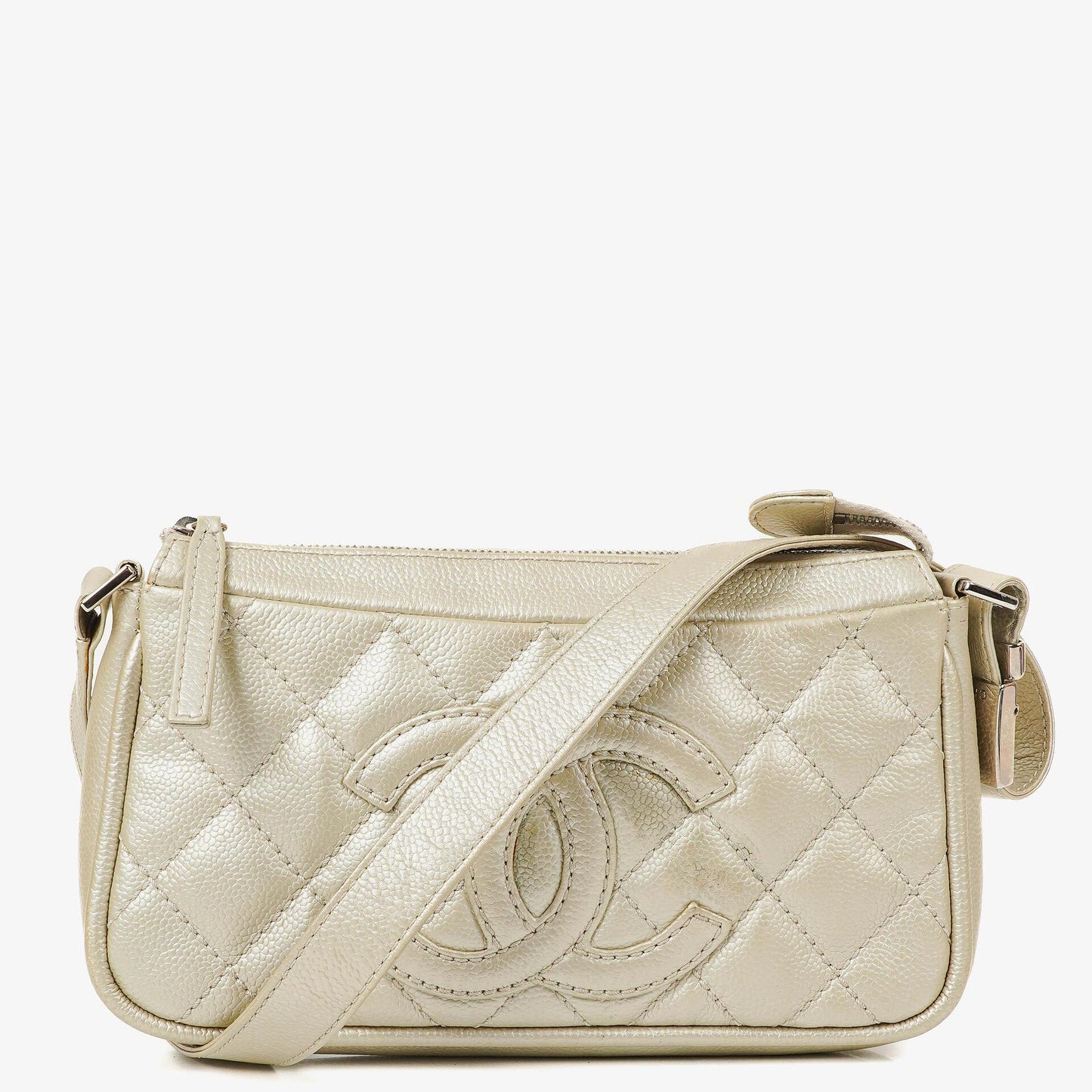 Chanel CC Timeless Schultertasche aus metallischem gestepptem Kaviarleder