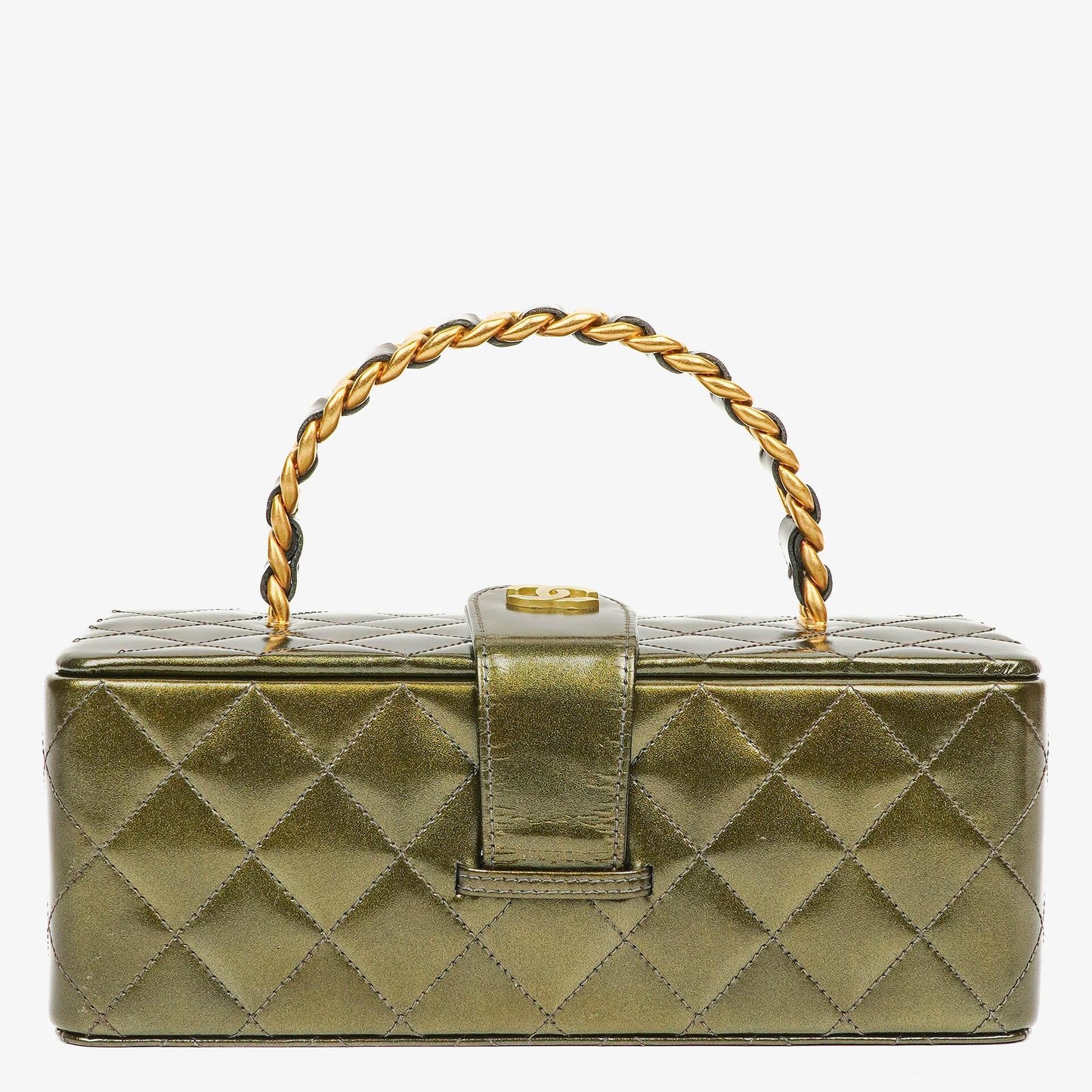 Chanel CC Vanity Case aus olivgrünem schillerndem gestepptem Lackleder