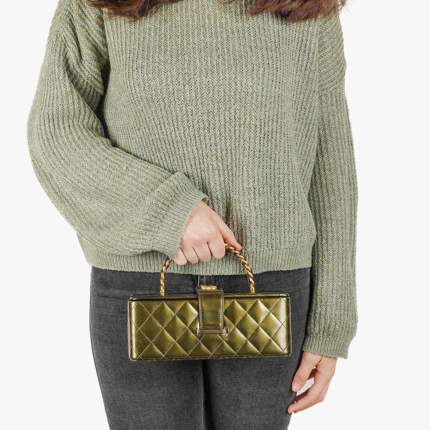 Chanel CC Vanity Case aus olivgrünem schillerndem gestepptem Lackleder