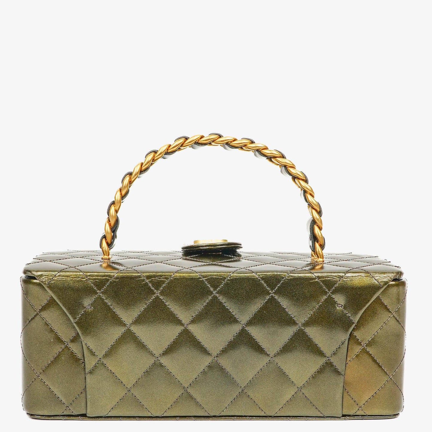 Chanel CC Vanity Case aus olivgrünem schillerndem gestepptem Lackleder