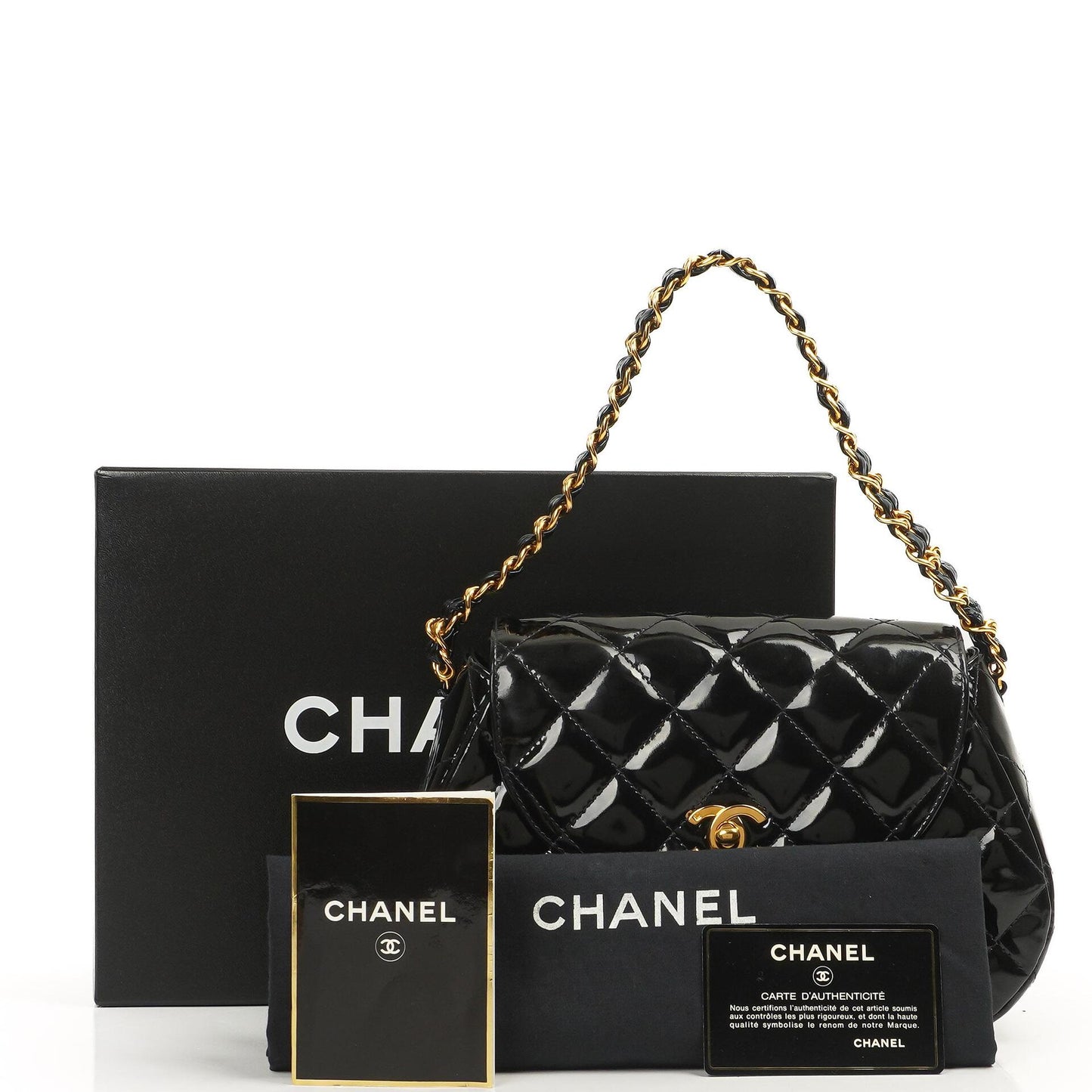 Chanel Ketten-Top-Handle Einzelklappen-Tasche Schwarz gestepptes Lackleder mit 24K goldplattierter Hardware