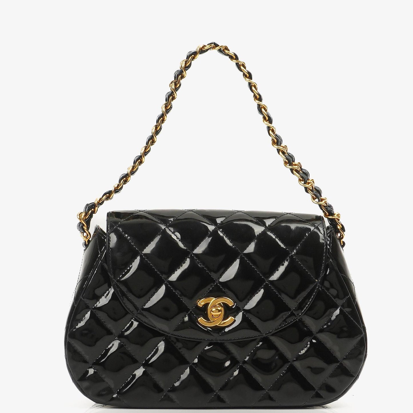 Chanel Ketten-Top-Handle Einzelklappen-Tasche Schwarz gestepptes Lackleder mit 24K goldplattierter Hardware