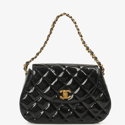 Chanel Ketten-Top-Handle Einzelklappen-Tasche Schwarz gestepptes Lackleder mit 24K goldplattierter Hardware