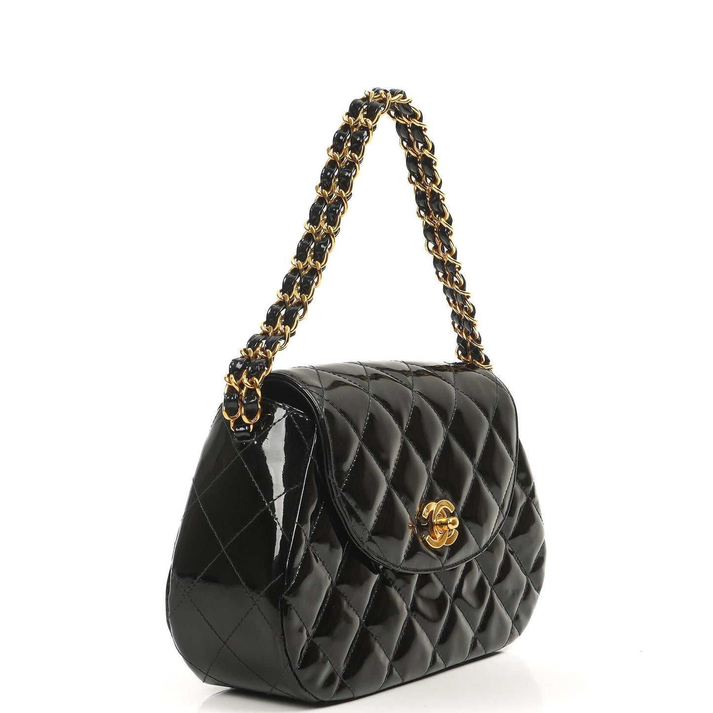 Chanel Ketten-Top-Handle Einzelklappen-Tasche Schwarz gestepptes Lackleder mit 24K goldplattierter Hardware