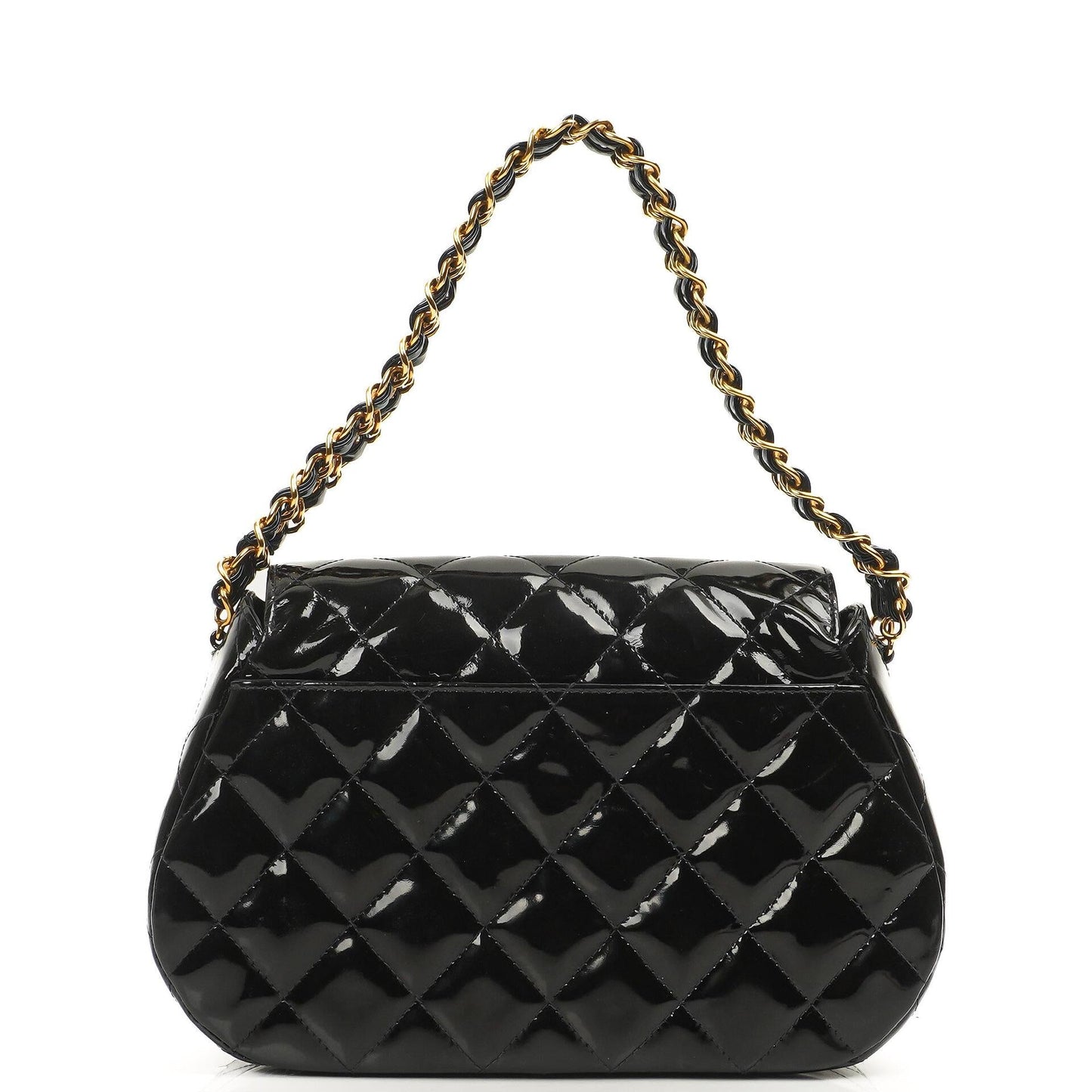 Chanel Ketten-Top-Handle Einzelklappen-Tasche Schwarz gestepptes Lackleder mit 24K goldplattierter Hardware