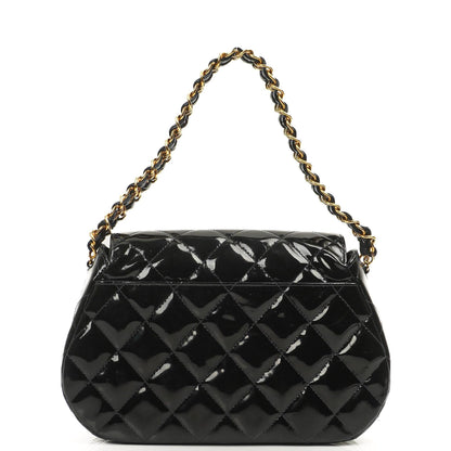 Chanel Ketten-Top-Handle Einzelklappen-Tasche Schwarz gestepptes Lackleder mit 24K goldplattierter Hardware