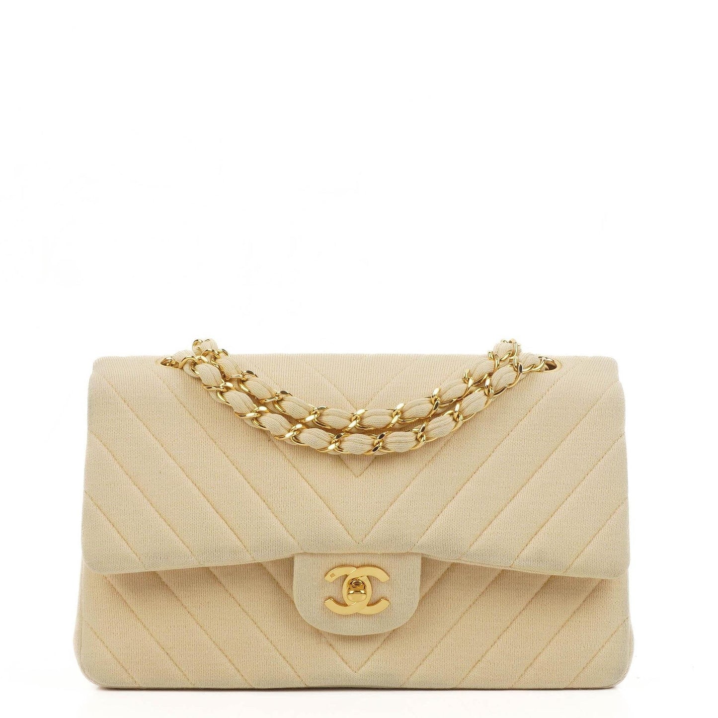Chanel Chevron Medium Double Flap Tasche aus beigem gestepptem Jersey mit 24K vergoldeter Hardware