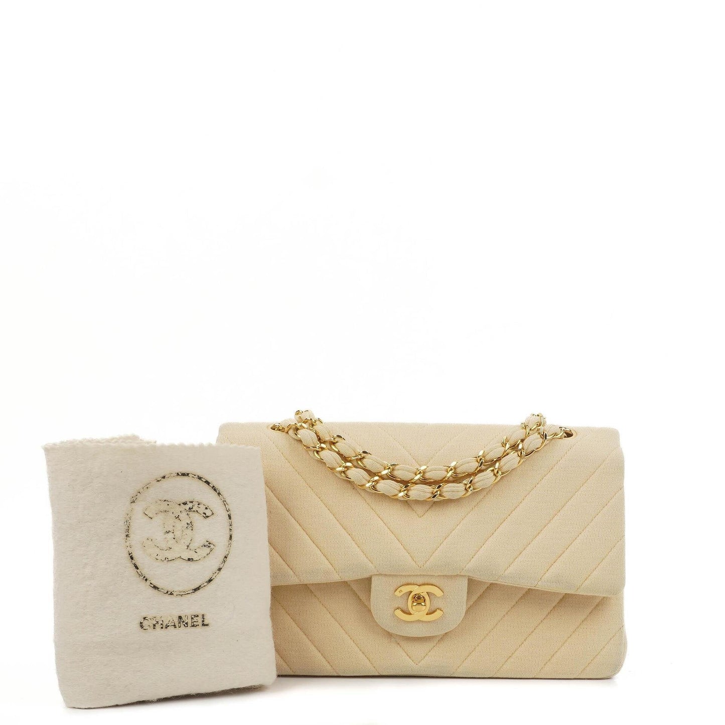Chanel Chevron Medium Double Flap Tasche aus beigem gestepptem Jersey mit 24K vergoldeter Hardware