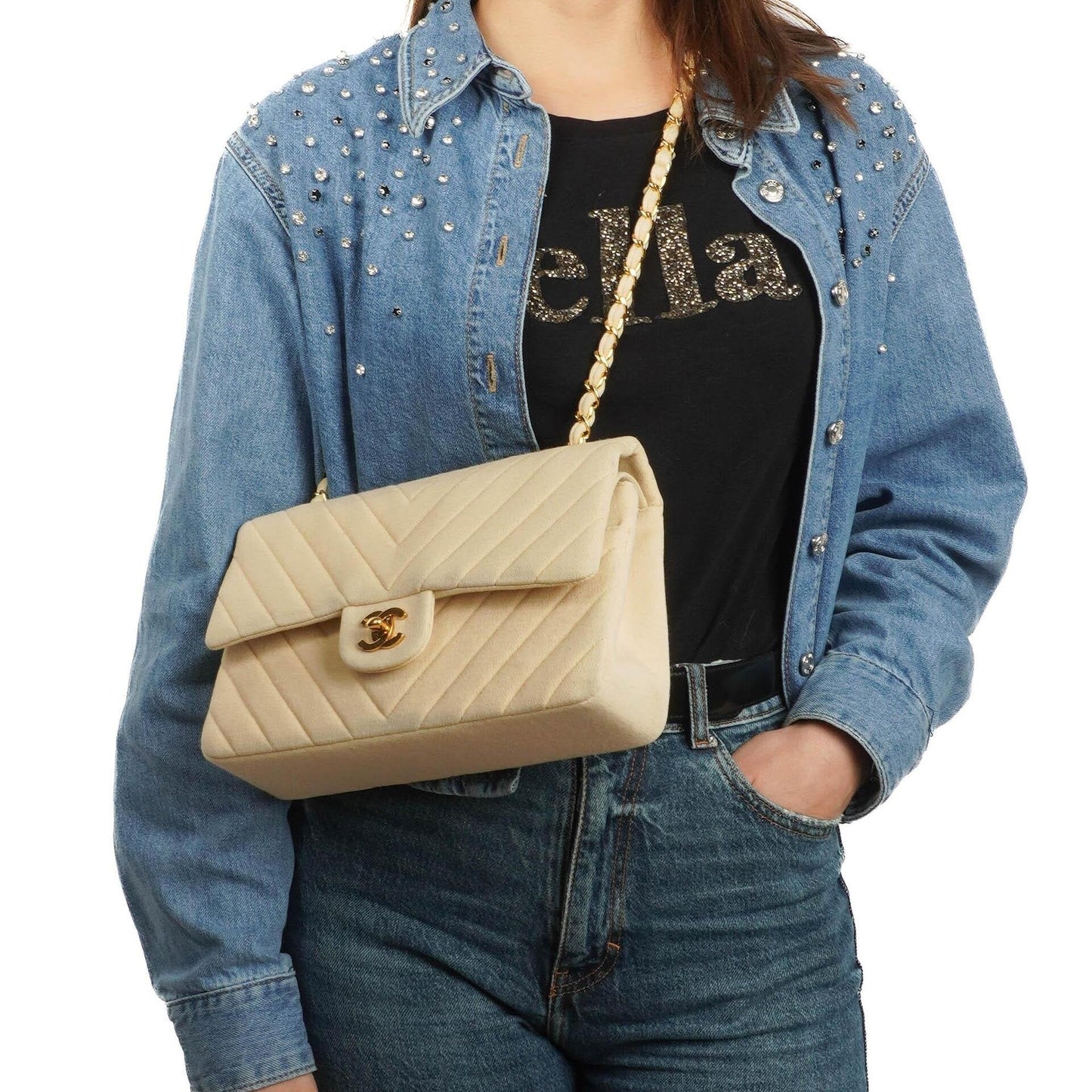 Chanel Chevron Medium Double Flap Tasche aus beigem gestepptem Jersey mit 24K vergoldeter Hardware