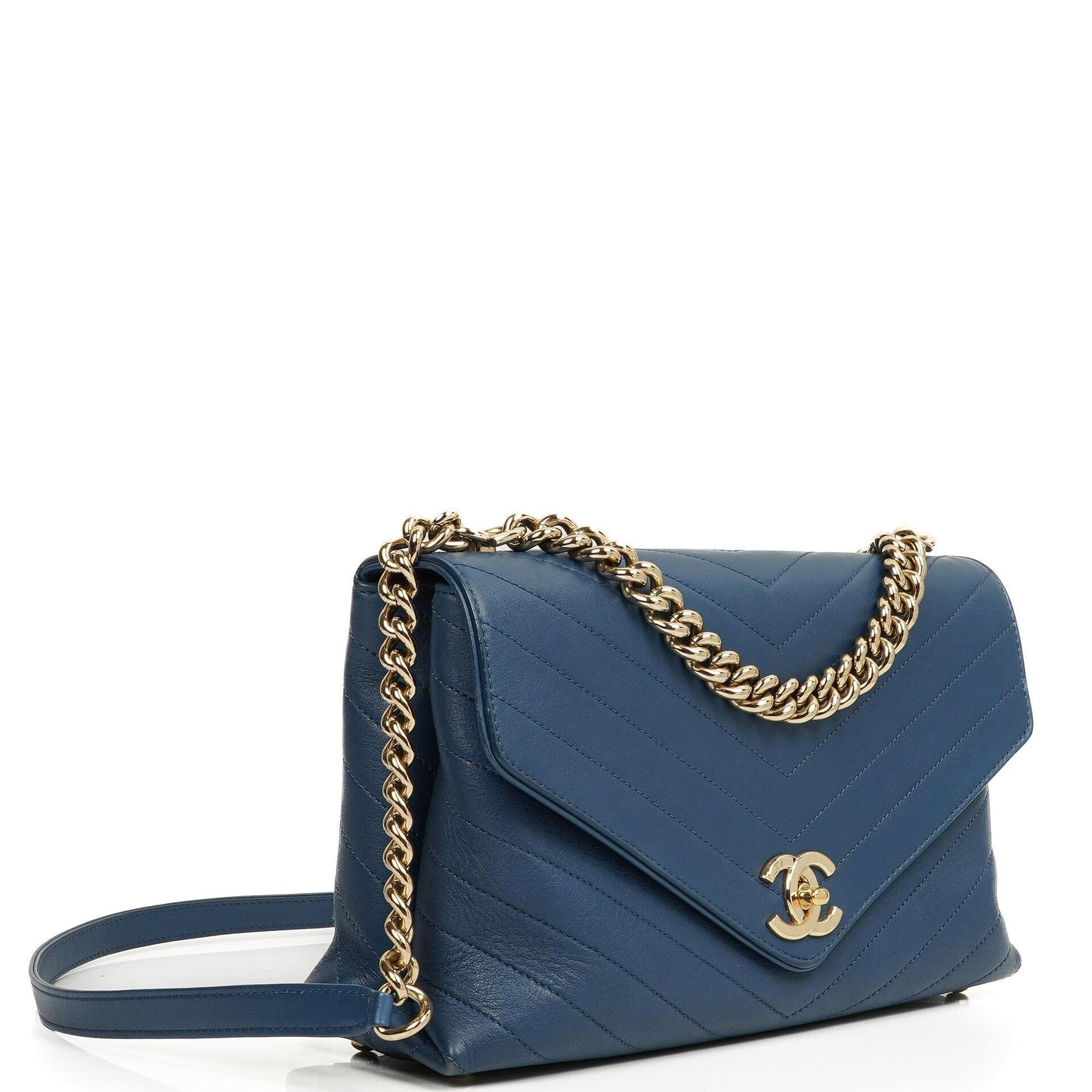 Chanel Chevron Gesteppt Große Umschlagtasche Blau Kalbsleder Goldfarbene Beschläge, 2018-2019