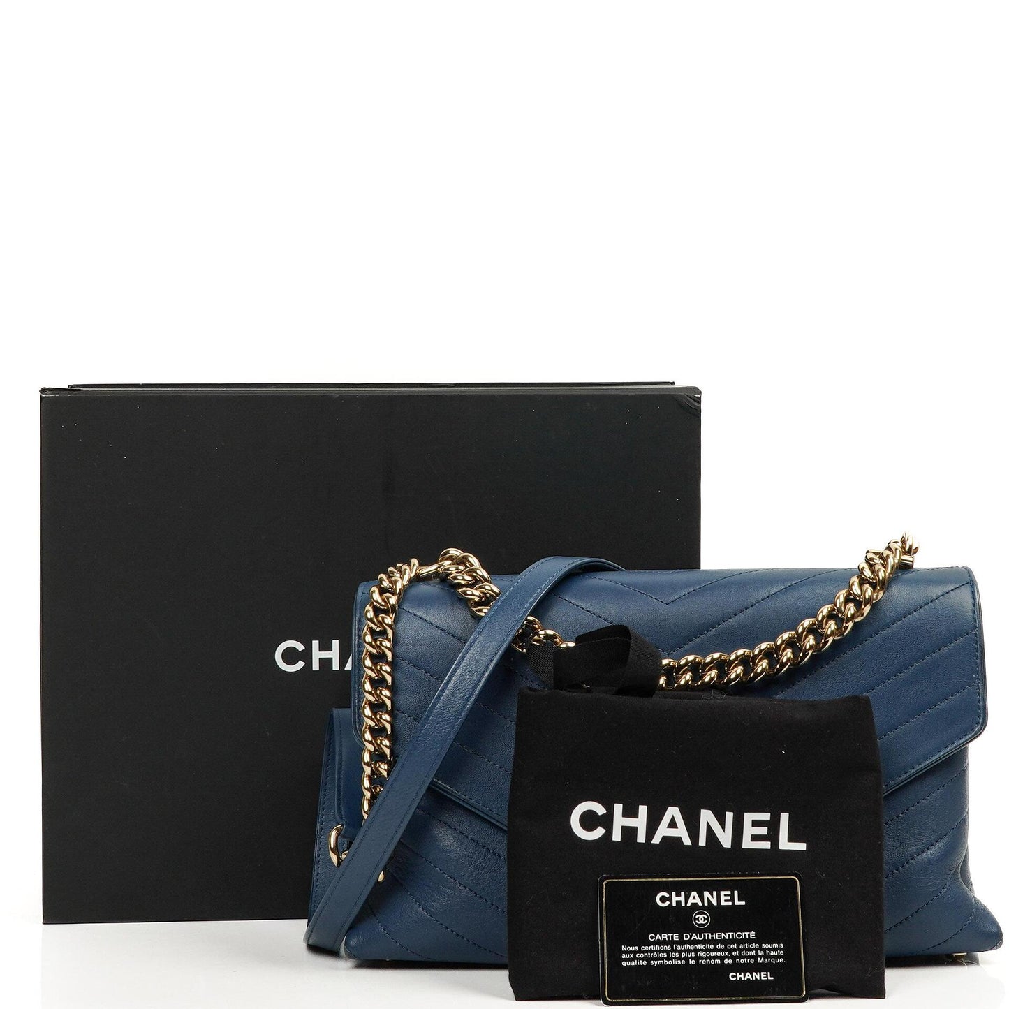 Chanel Chevron Gesteppt Große Umschlagtasche Blau Kalbsleder Goldfarbene Beschläge, 2018-2019
