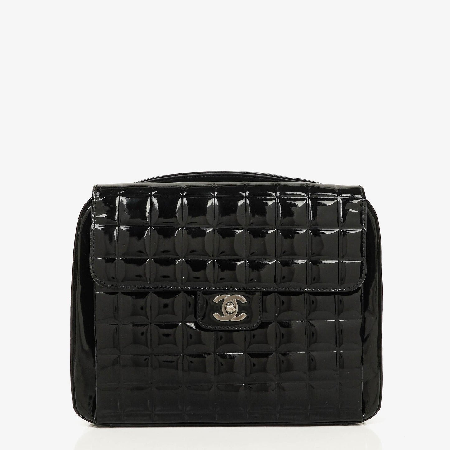 Chanel Chocolate Bar Aktentasche aus schwarzem Lackleder mit silberfarbener Hardware
