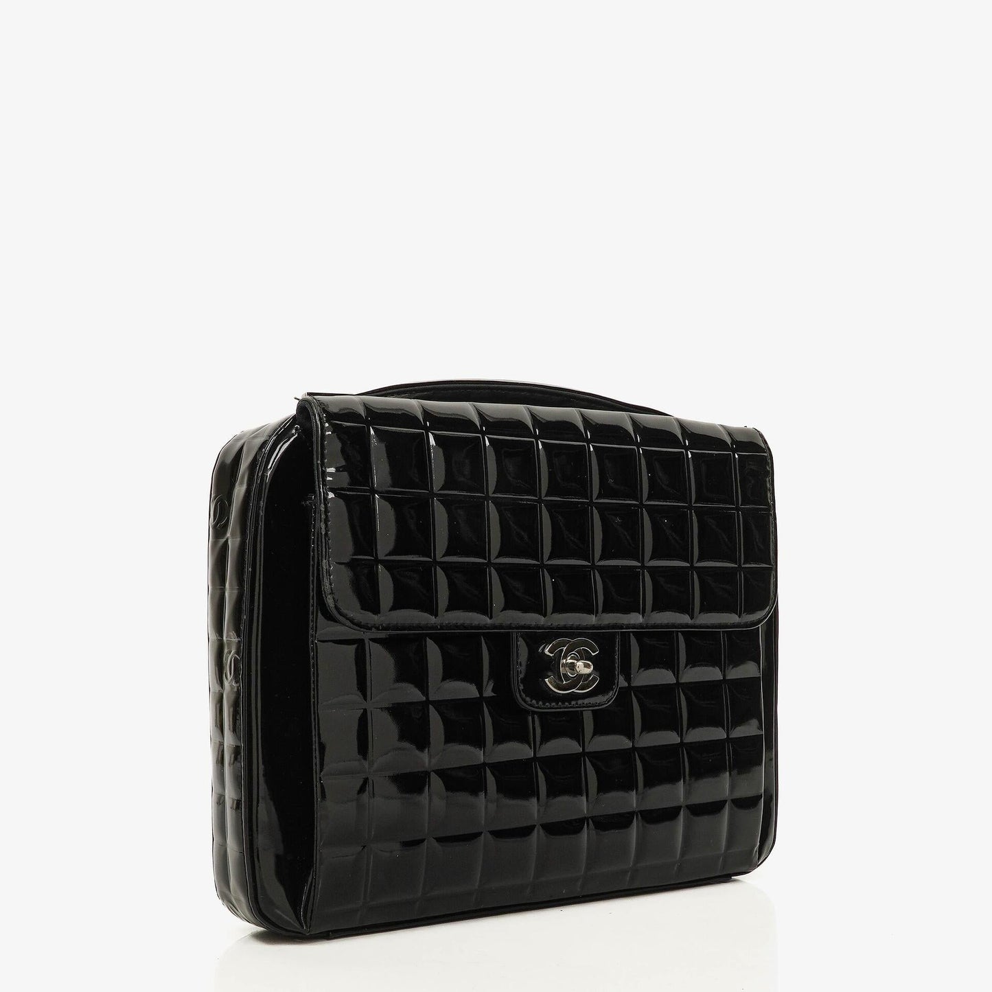Chanel Chocolate Bar Aktentasche aus schwarzem Lackleder mit silberfarbener Hardware