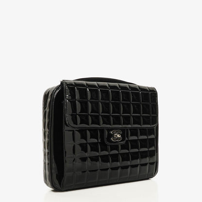 Chanel Chocolate Bar Aktentasche aus schwarzem Lackleder mit silberfarbener Hardware