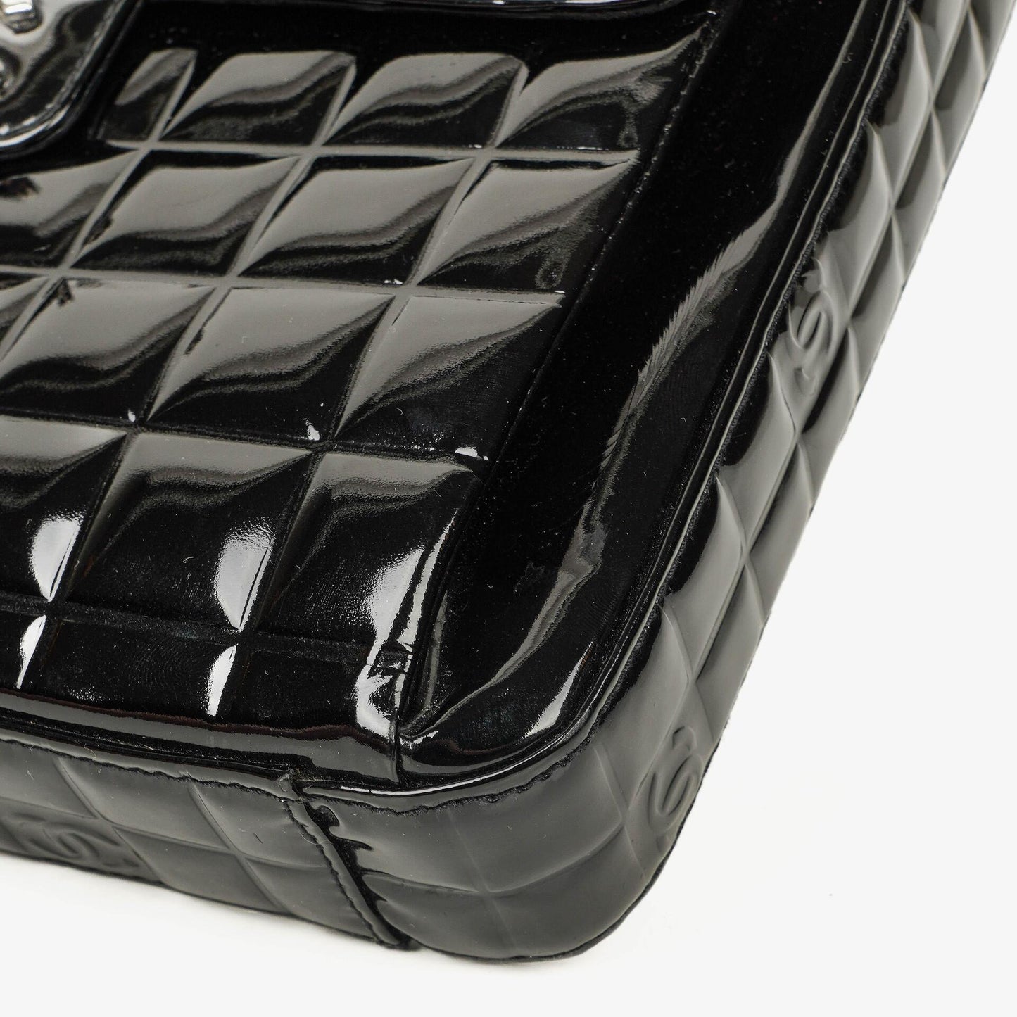 Chanel Chocolate Bar Aktentasche aus schwarzem Lackleder mit silberfarbener Hardware
