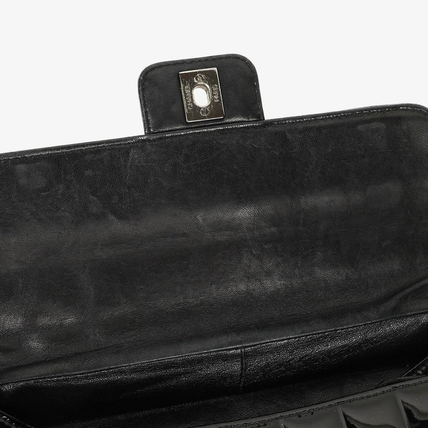 Chanel Chocolate Bar Aktentasche aus schwarzem Lackleder mit silberfarbener Hardware