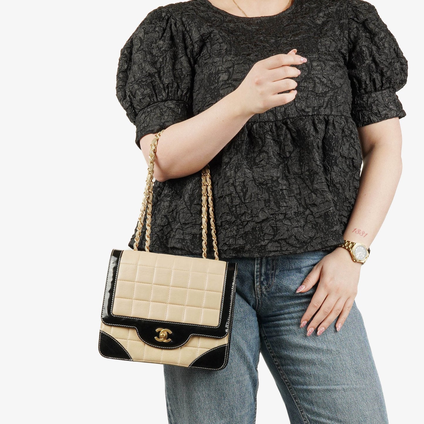 Chanel Chocolate Bar Single Flap Tasche aus Lammleder und Lackleder